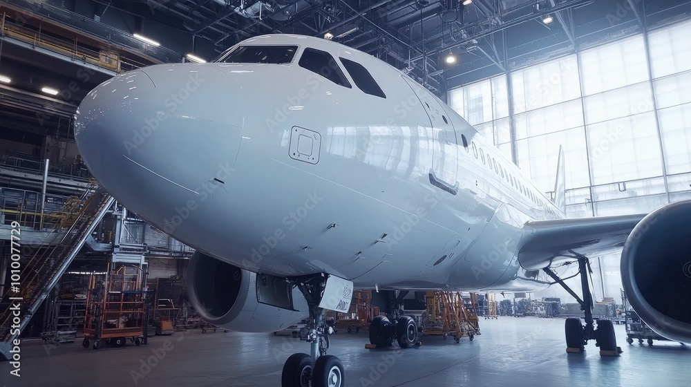 White Airplane Parked in a Hangar with Landing Gear Down White Airplane Parked in a Hangar with Landing Gear Down