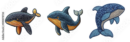Colorful Illustrated Whales for Creative Use. Embroidered Patch Objects Collection in Embroidered Patch Style, Isolated on Transparent Background