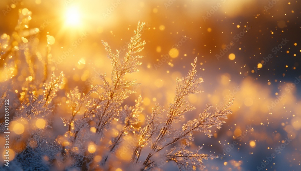 Frosty plant silhouette with glowing bokeh at sunrise. Frosty plant silhouette with glowing bokeh at sunrise.
