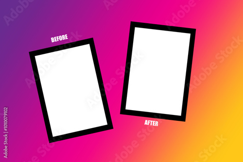 Before and after frames. Bold black borders. Gradient pink to yellow background. Minimalist comparison template.