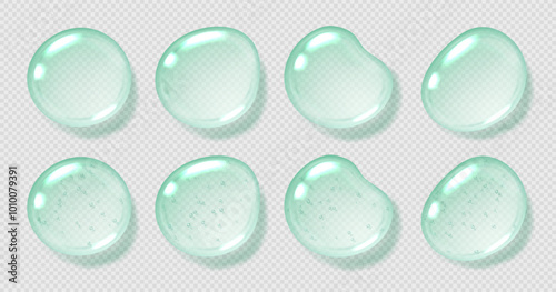 Mint serum drops, transparent gel droplets, realistic glossy liquid, moisturizing cosmetic product, hyaluronic acid or fresh gel toothpaste concept. Vector illustration.