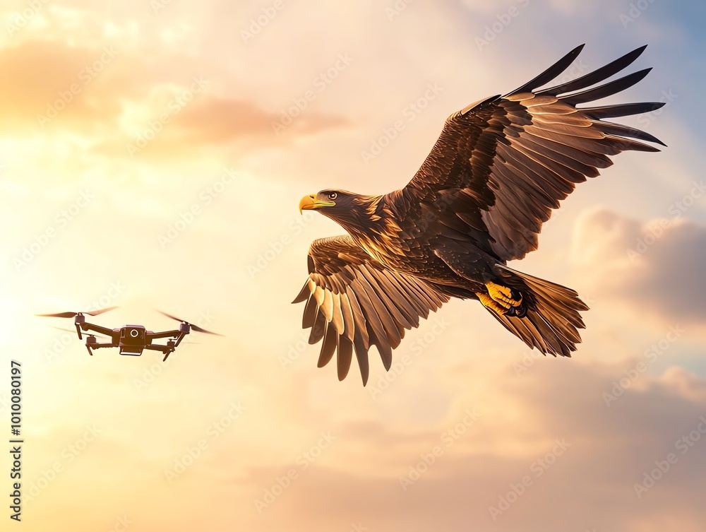 Obraz premium Eagle flying with drone in sunset