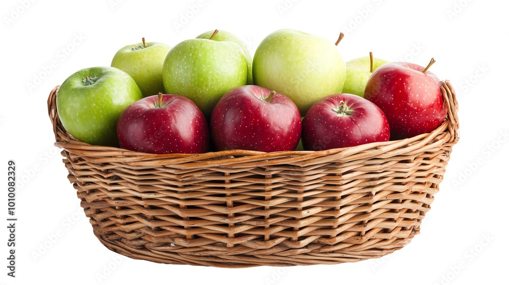 Basket filled with fresh red and green apples on a white isolated background. Basket filled with fresh red and green apples on a white isolated background.