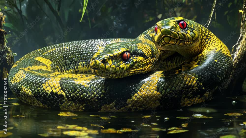 A striking image of a vibrant, two-headed snake coiled in a lush, green environment. A striking image of a vibrant, two-headed snake coiled in a lush, green environment.