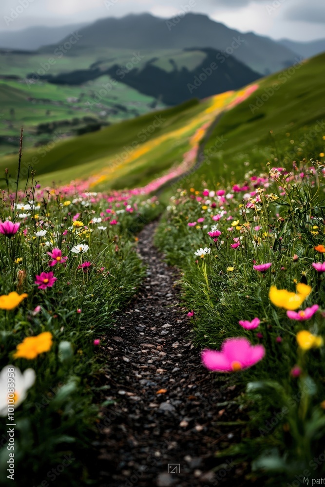 Obraz premium A vibrant flower field with a winding path leads through a scenic mountain landscape, capturing the essence of nature's beauty in spring, inviting exploration.