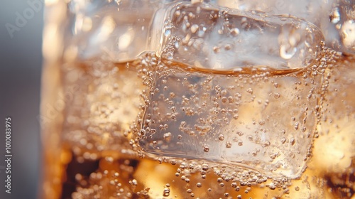 Close-Up of Ice Cubes Melting in a Fizzy Brown Beverage photo