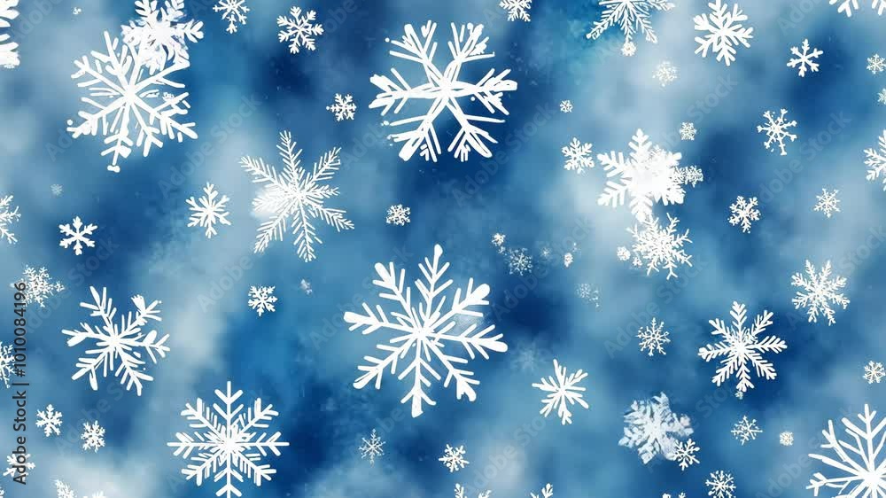 White snowflakes fall against a blue sky White snowflakes fall against a blue sky
