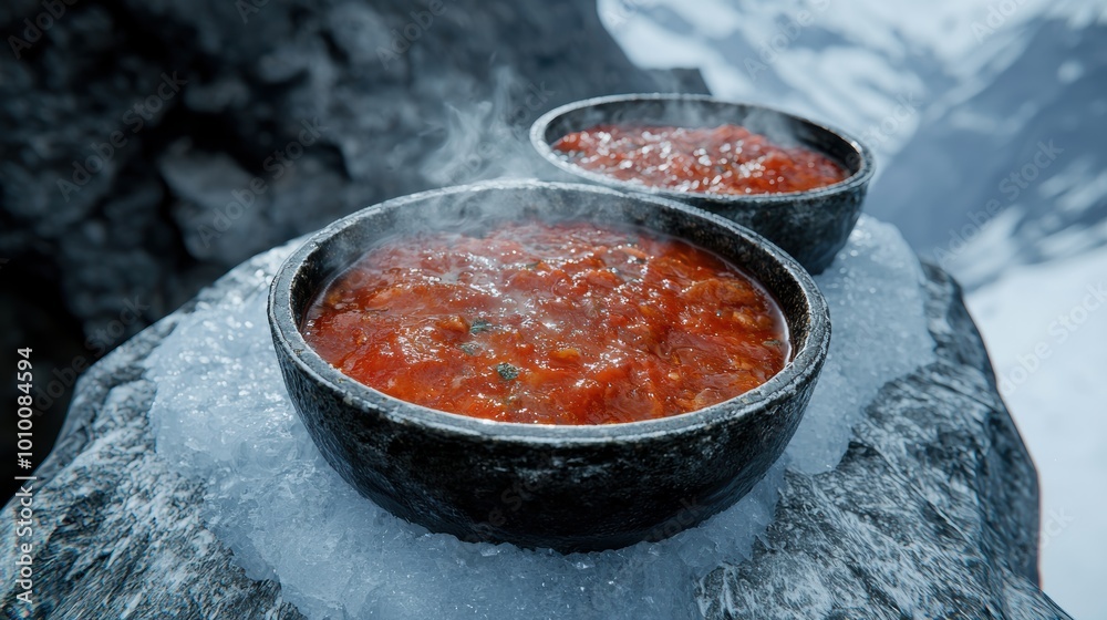 Steaming hot chili con carne in black bowls on icy surface Steaming hot chili con carne in black bowls on icy surface
