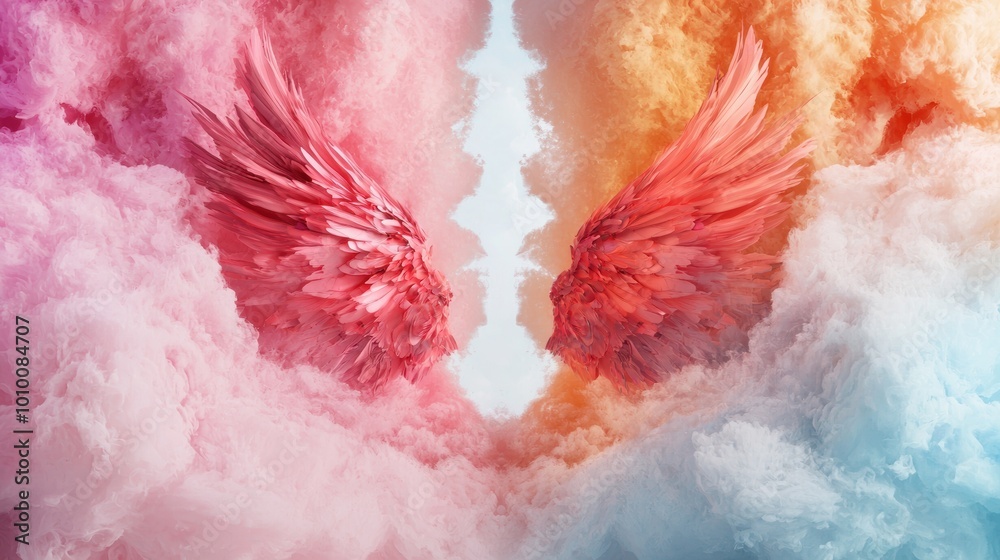 Fototapeta premium Vibrant angel wings in the clouds