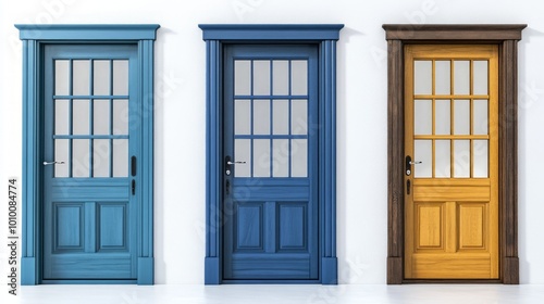 Three different colored doors with glass panes and trim  isolated on a white background.