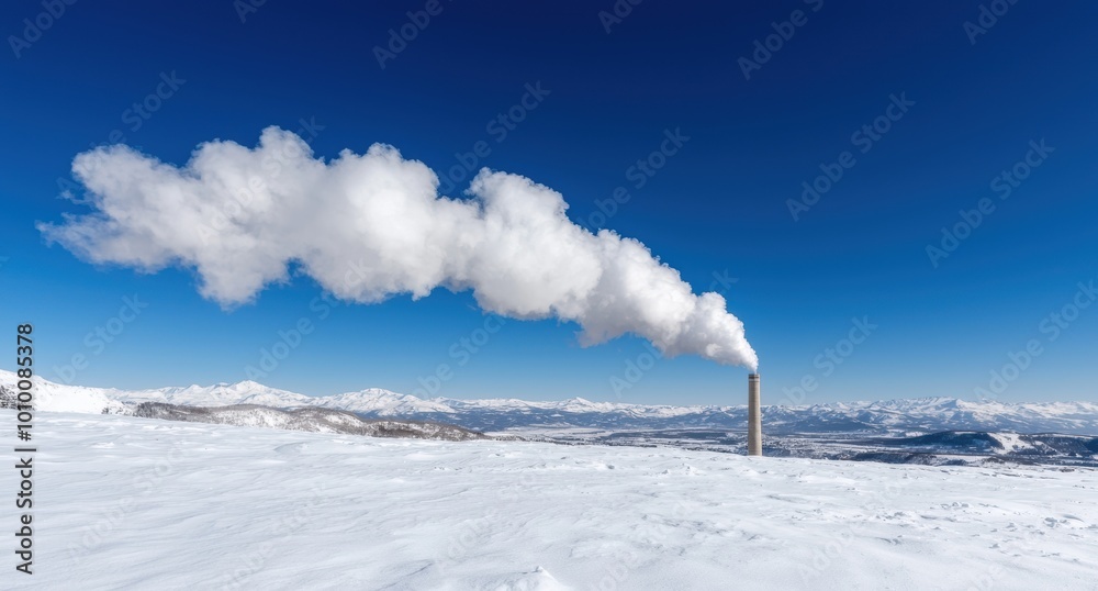 Snowy landscape with industrial smoke stack Snowy landscape with industrial smoke stack