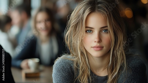 A young woman sitting alone in a crowded café, gazing thoughtfully out the window as her friends laugh and socialize, the contrast highlighting her feelings of being overlooked and unappreciated,  photo