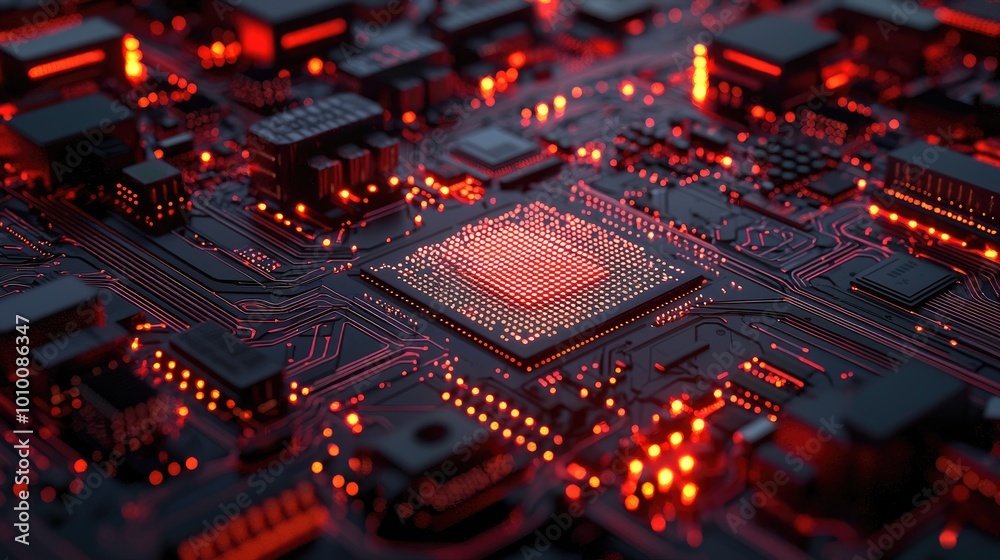 Close-up of a Red-Lit Circuit Board with a Central Processor Close-up of a Red-Lit Circuit Board with a Central Processor