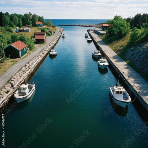 Aerial View of Small Boats Docked in a Narrow Harbor in Sweden