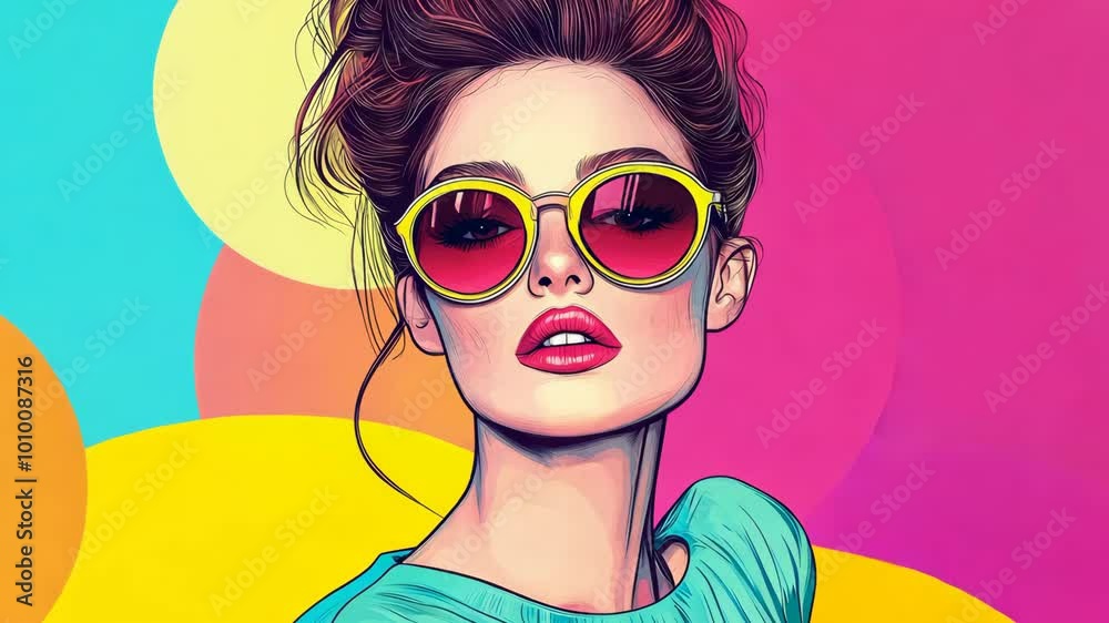 A woman with red lipstick and yellow sunglasses looks intensely at the camera against a bright pink and yellow background A woman with red lipstick and yellow sunglasses looks intensely at the camera against a bright pink and yellow background