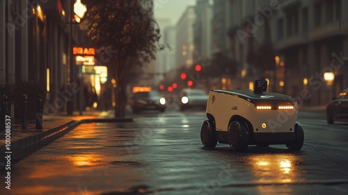 Self-driving delivery robot navigating a city street at night.