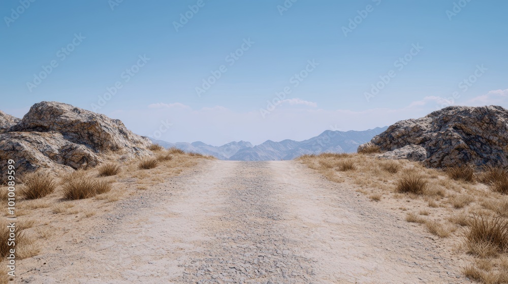 Scenic desert landscape with rocky mountains and dirt path Scenic desert landscape with rocky mountains and dirt path