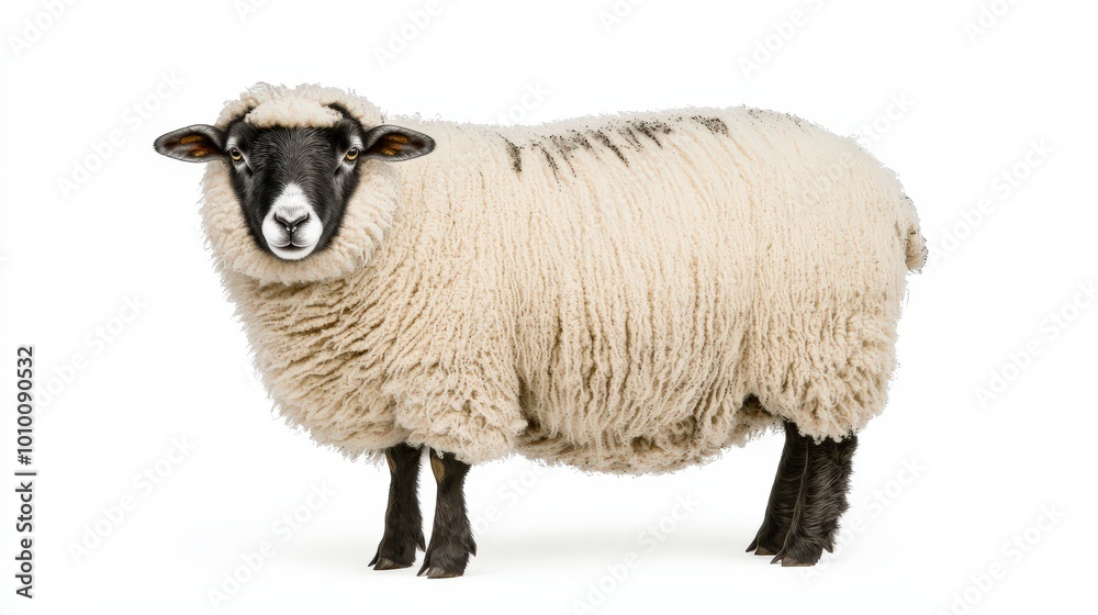 Fluffy Sheep Standing Isolated on White Background   Farm Animal Portrait