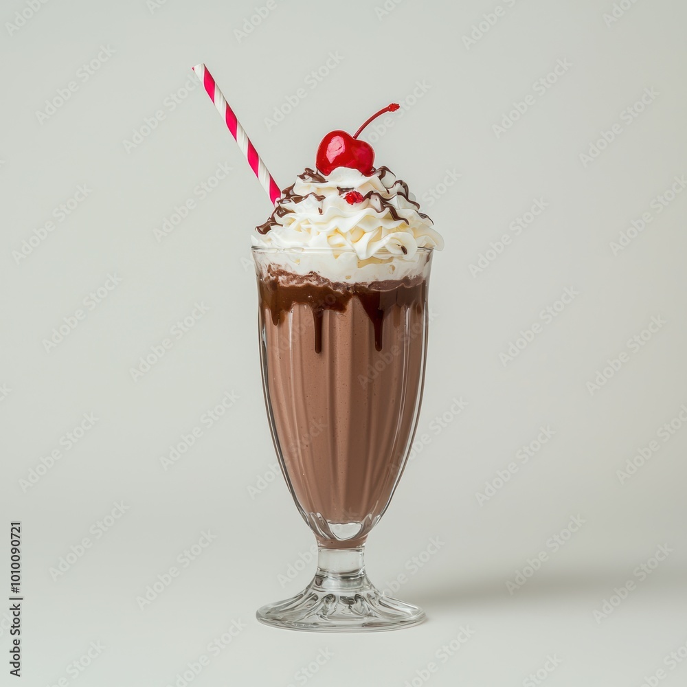 Delicious chocolate milkshake with whipped cream and cherry Delicious chocolate milkshake with whipped cream and cherry