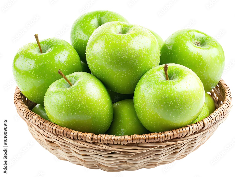 Green apples in a wicker basket on white isolate background Green apples in a wicker basket on white isolate background