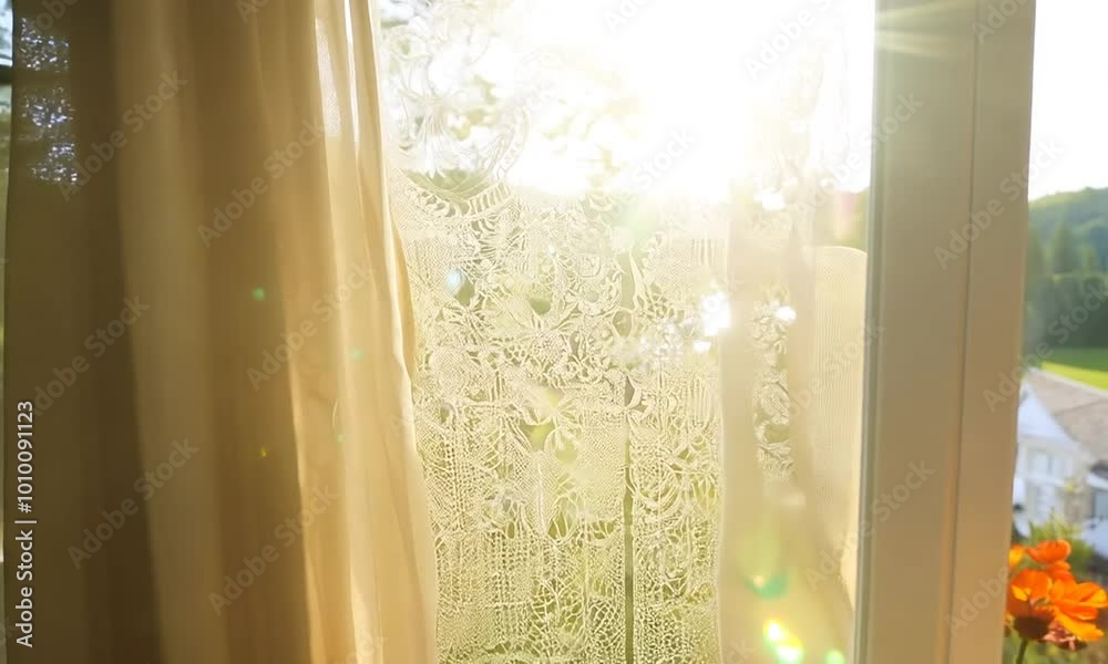 A sunlit room with a delicate lace curtain swaying gently in the breeze, casting intricate shadows on the wooden floor A sunlit room with a delicate lace curtain swaying gently in the breeze, casting intricate shadows on the wooden floor