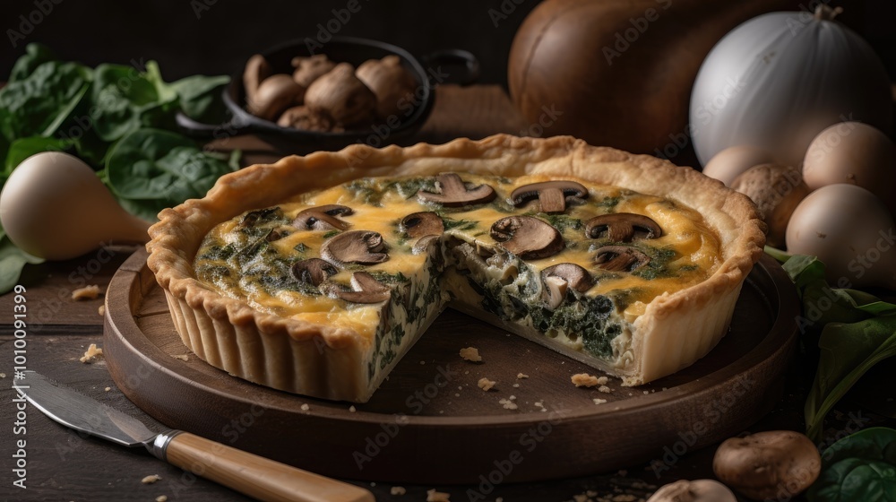 Spinach and Mushroom Quiche with a Slice Removed Spinach and Mushroom Quiche with a Slice Removed