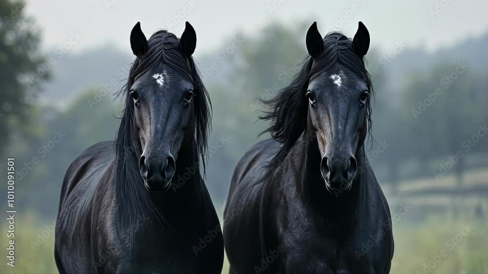 Two black horses standing side by side in a misty landscape.