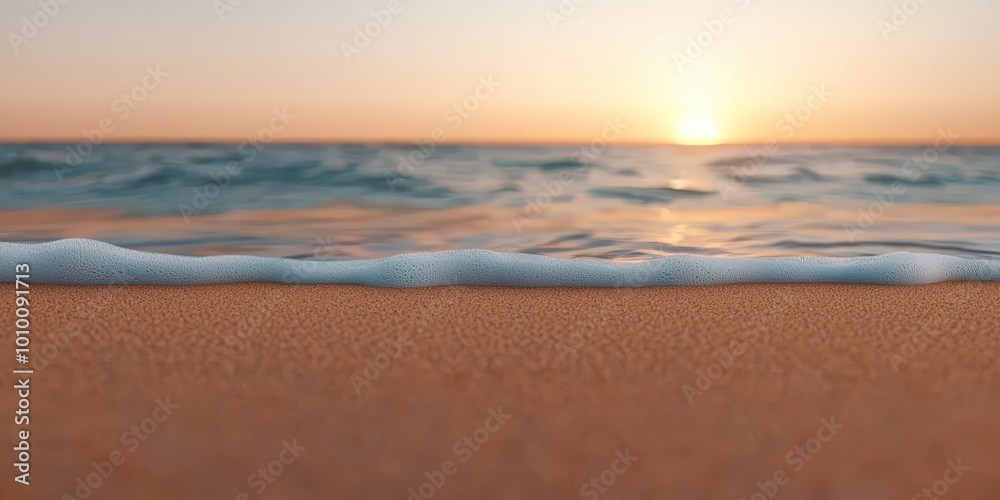 Obraz premium Golden Sunset Beach with Foamy Wave Tranquil Ocean Landscape