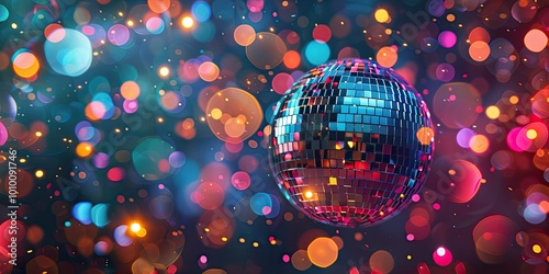 Shiny disco ball reflecting colorful lights, creating a party atmosphere with glowing bokeh effects. photo