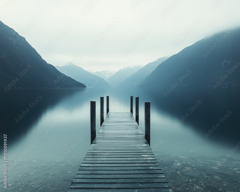 Fototapeta premium A tranquil scene featuring a wooden pier extending into a misty lake surrounded by majestic mountains, creating a serene atmosphere for reflection and relaxation.
