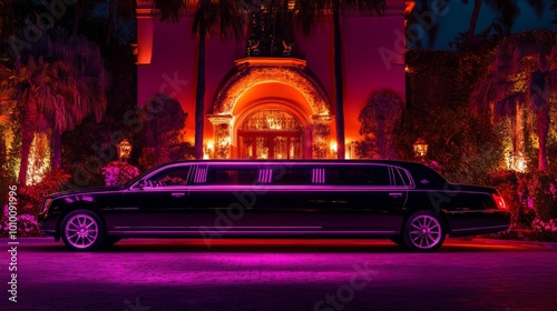 A black limousine parked in front of a luxurious mansion. photo