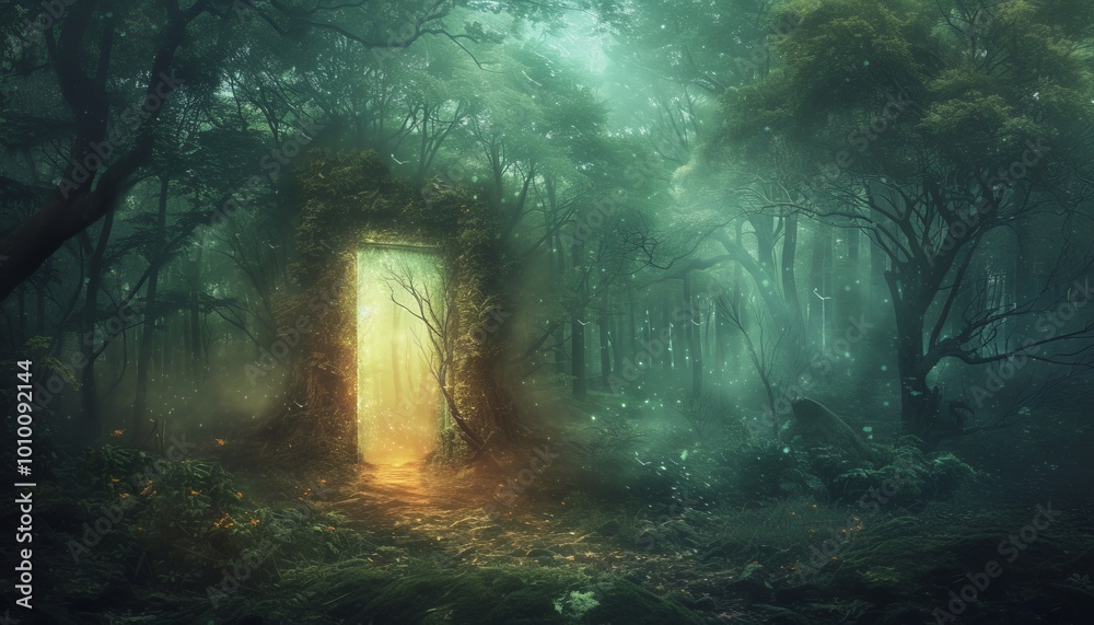 Enigmatic forest path illuminated, mystical world at one's feet, serene escape into nature. Enigmatic forest path illuminated, mystical world at one's feet, serene escape into nature.