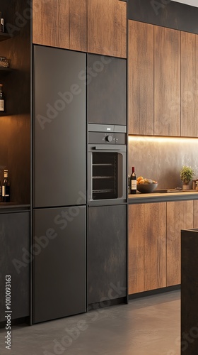 Modern kitchen with black and wood cabinets