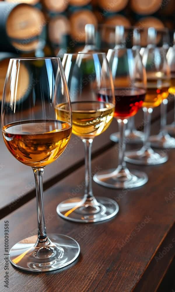 A table with numerous glasses of various wines in a row A table with numerous glasses of various wines in a row