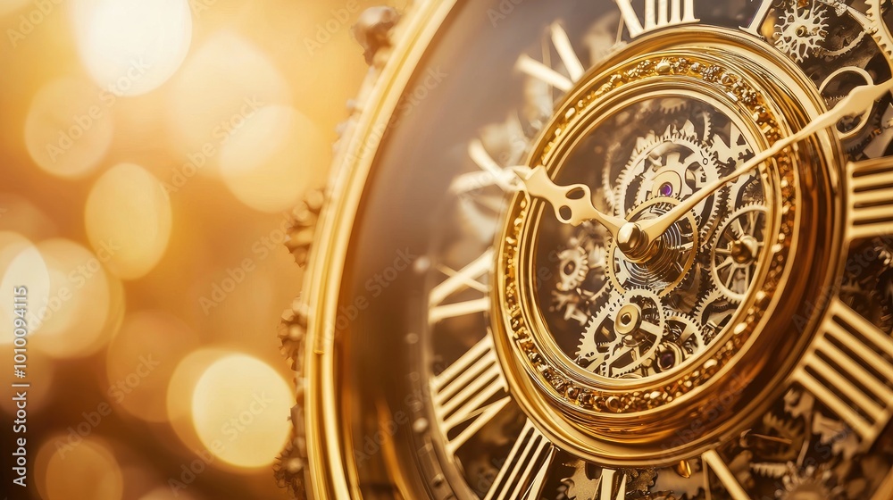 Obraz premium Close-up of a Golden Clock Face with Roman Numerals and Visible Gears