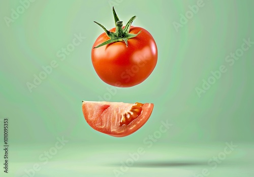 A whole tomato and a wedge suspended in air against a green background. photo