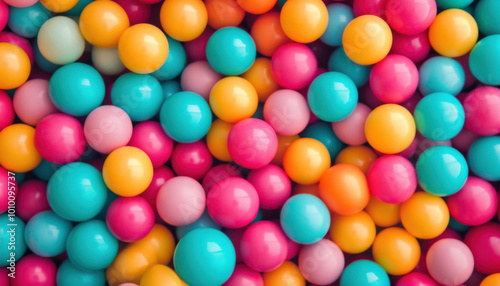 Vibrant assortment of colorful plastic balls creating a playful and cheerful atmosphere with bright hues of pink, blue, yellow, and orange.