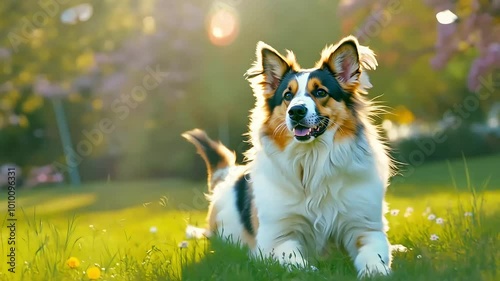 charming vertical 4K video ofrough tricolor Collie dog posing inspring park lying grass surrounded colorful wildflowers onsunny day offering heart warming slowmotion portrait offriendly pet fluffy photo