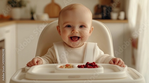 Smiling Baby in High Chair Eating Fresh Raspberries in Bright Kitchen