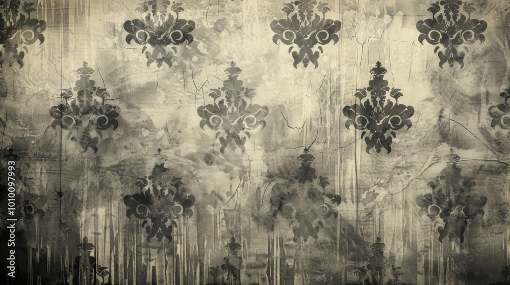 An aged wallpaper featuring a delicate black and gray damask pattern on a textured, worn background, evoking a sense of history and classic elegance.