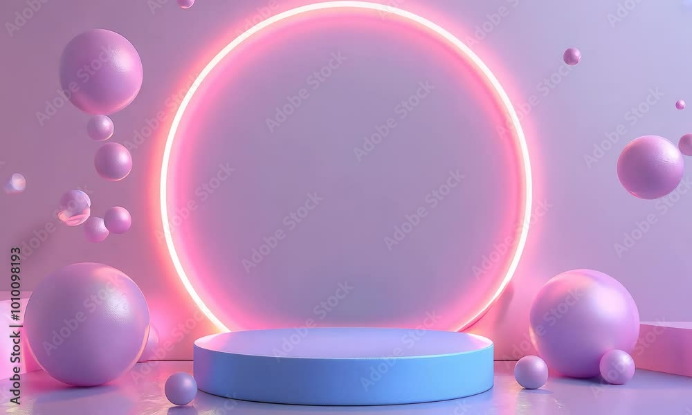 A beautifully designed podium is surrounded by glowing spheres in soft pastel colors