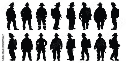 Firefighter silhouettes set, fireman pack of vector silhouette design, isolated background.
