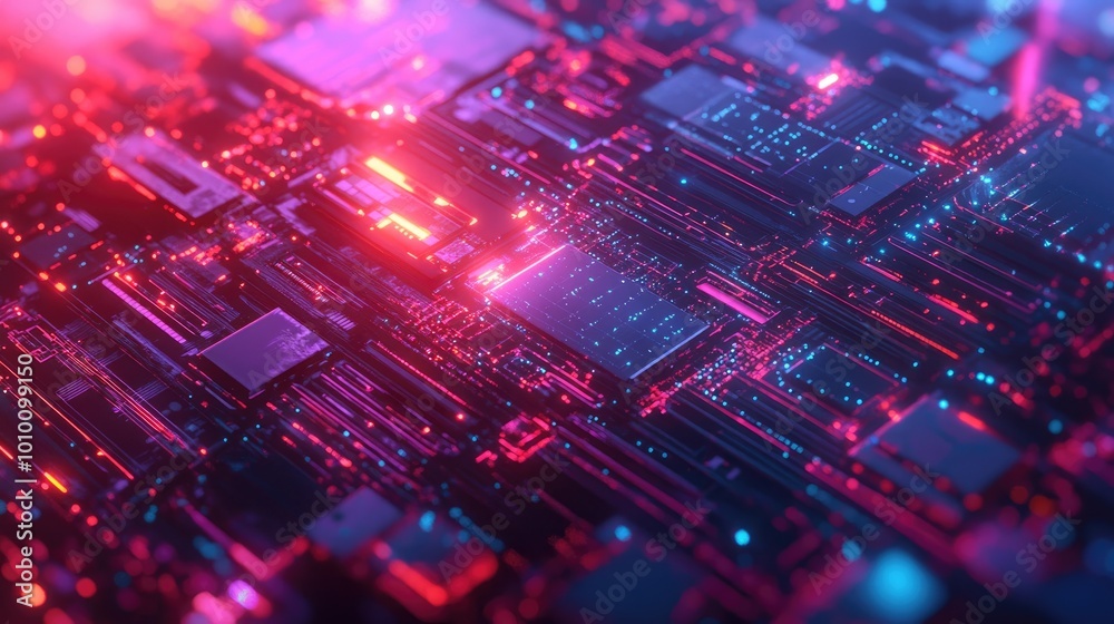 Abstract Circuit Board with Red and Blue Neon Lights Abstract Circuit Board with Red and Blue Neon Lights