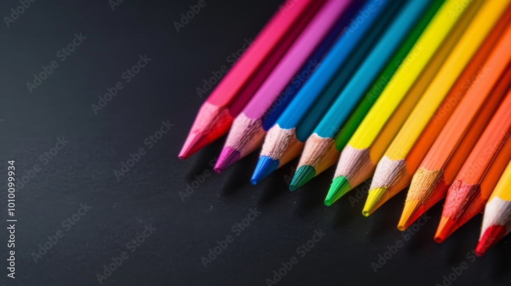 A vibrant set of colorful pencils aligned diagonally on a black surface, showcasing a spectrum of shades ranging from red to yellow to green, enhancing the artistic vibe. A vibrant set of colorful pencils aligned diagonally on a black surface, showcasing a spectrum of shades ranging from red to yellow to green, enhancing the artistic vibe.