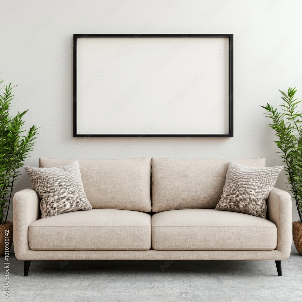 Modern Living Room Interior with Beige Sofa Blank Frame and Plants Modern Living Room Interior with Beige Sofa Blank Frame and Plants