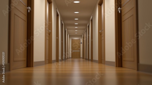 Long Hospital Corridor with Wooden Doors and Recessed Lighting