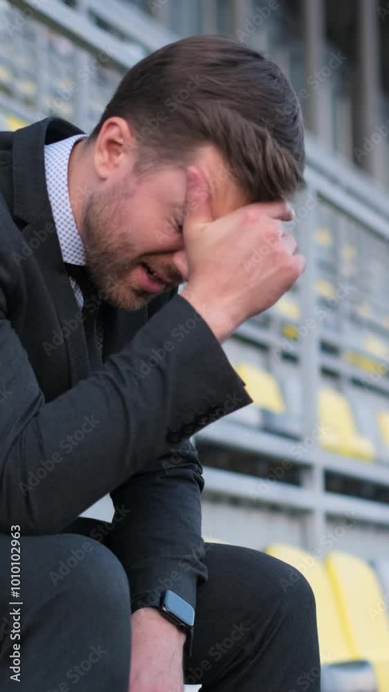 Very upset young man in business suit sitting on sports arena. Defeat. Very upset young man in business suit sitting on sports arena. Defeat.