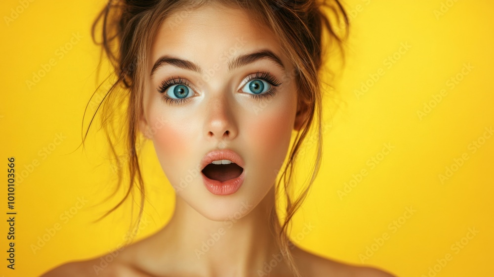 Young woman with surprised expression on a yellow background Young woman with surprised expression on a yellow background
