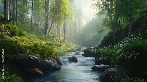 Sunlit Stream Flowing Through a Misty Forest