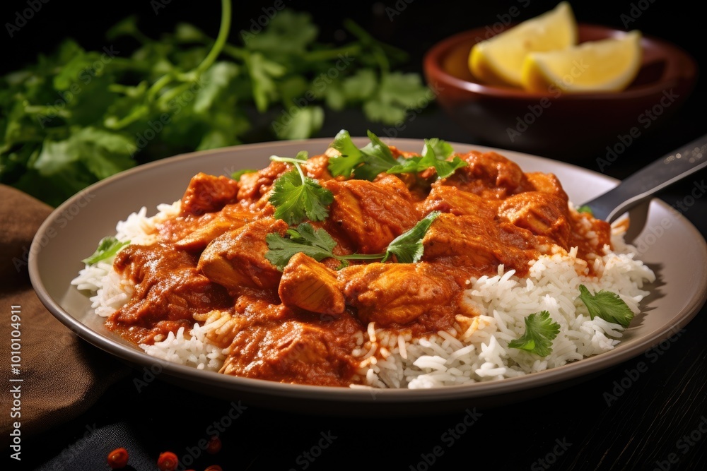 Chicken Tikka Masala with Rice and Cilantro Garnish Chicken Tikka Masala with Rice and Cilantro Garnish